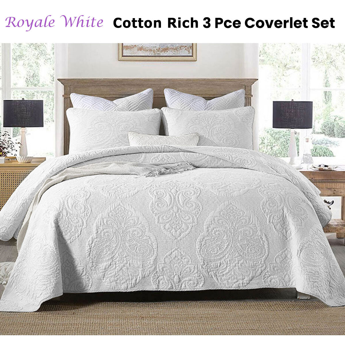 Cotton Rich Lightly Quilted Coverlet Set Royale White King V442-STT-COVERLET-ROYALE-WHITE-KI