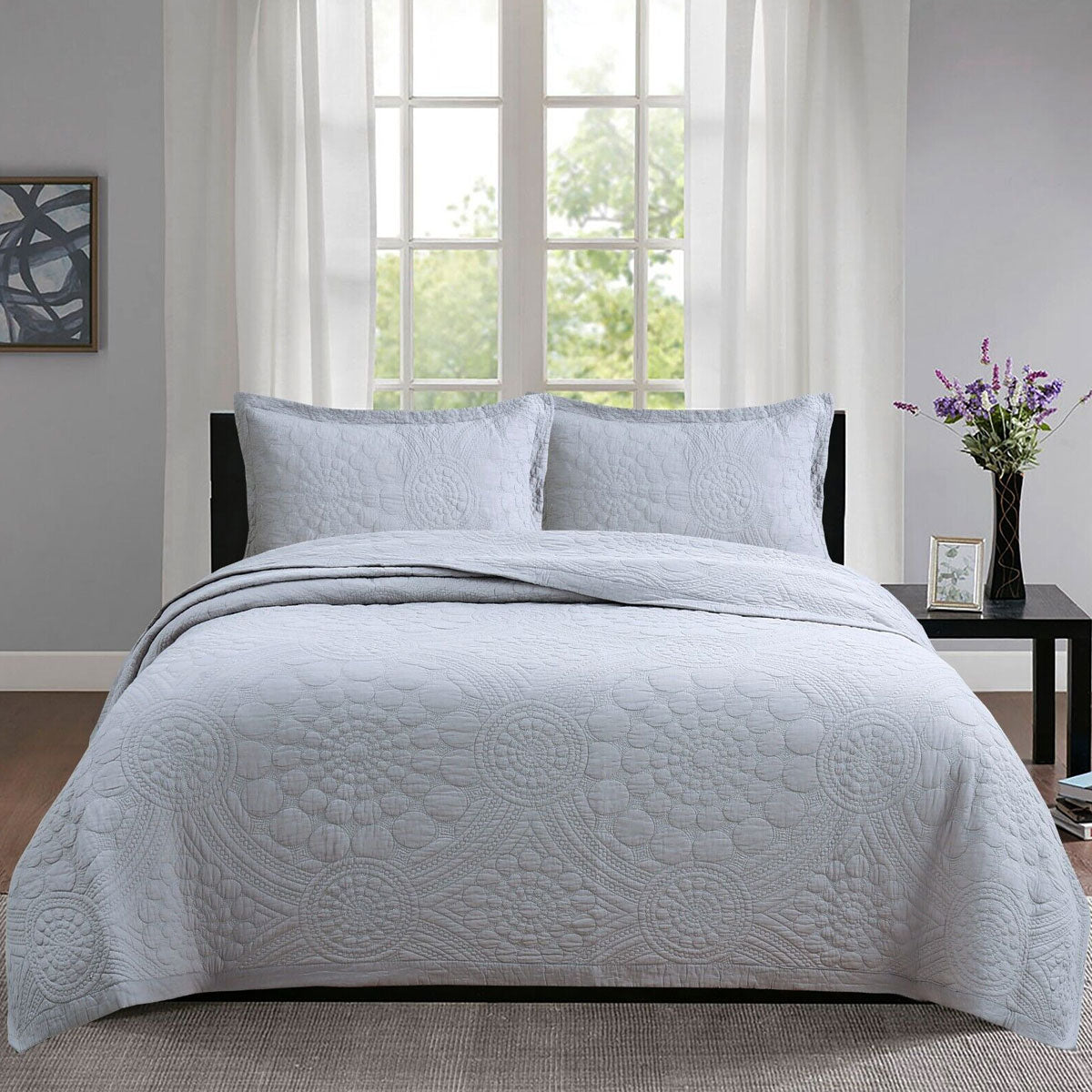 100% Cotton Lightly Quilted Coverlet Set Unity Silver Queen V442-STT-COVERLET-UNITY-SILVER-QS