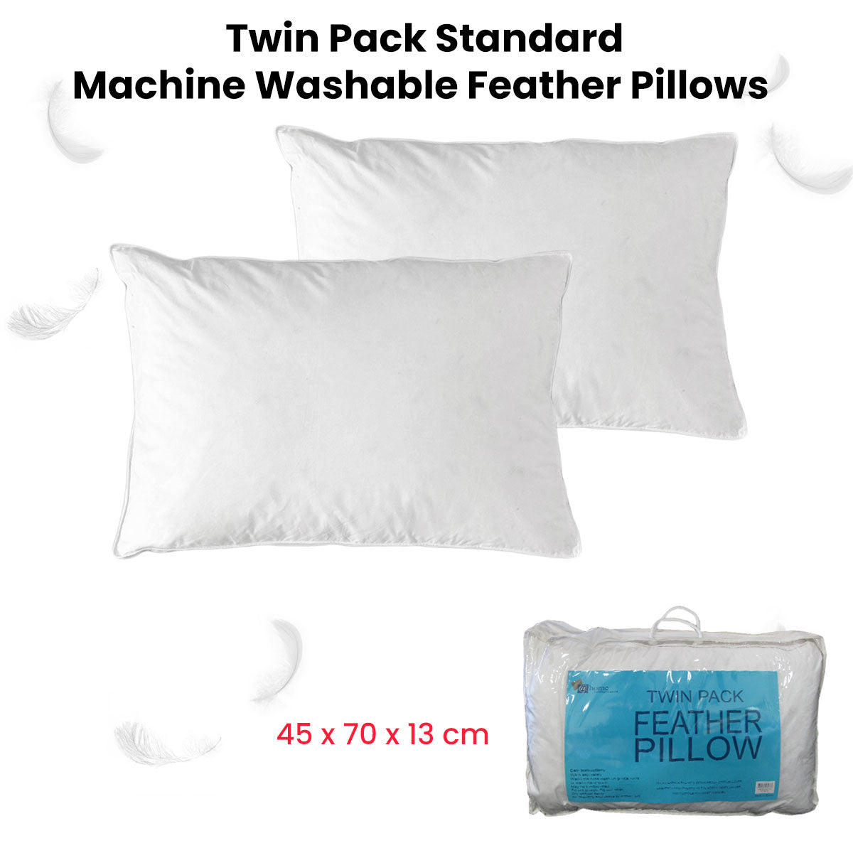 At Home Homewares Pack of 2 Standard Machine Washable Feather Pillows 45 x 70 +13 cm V442-STT-PILLOW-TWINFEATHER-WHITE-ST