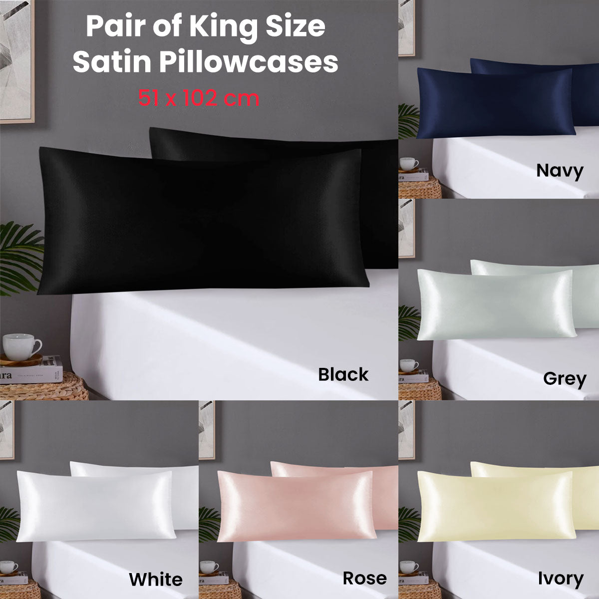 Pair of King Satin Silk Pillowcases with Envelope Closure 51 x 102 cm Ivory V442-STT-PILLOWC-PAIRSATIN-IVORY-KI