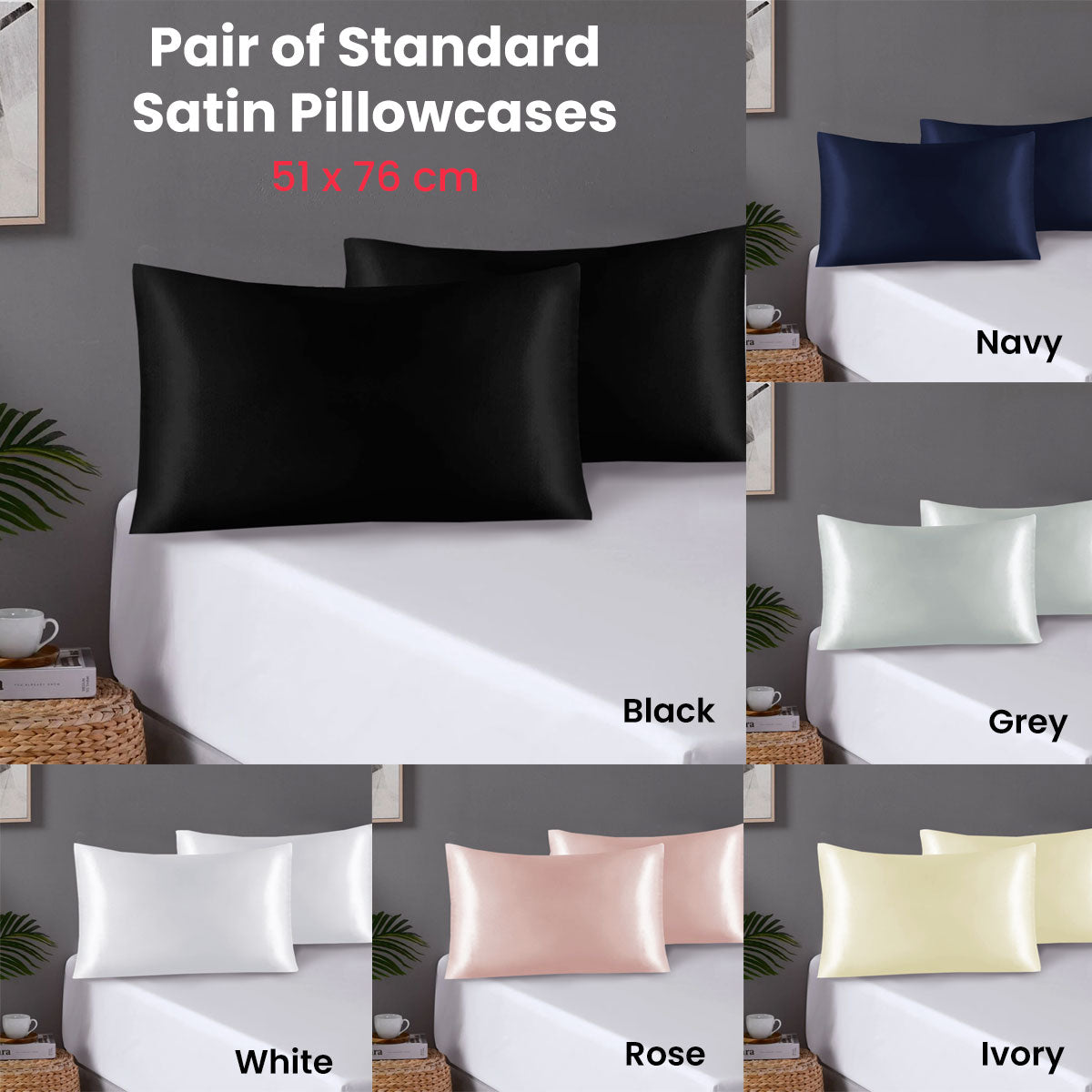Pair of Standard Satin Silk Pillowcases with Envelope Closure 51 x 76 cm Rose V442-STT-PILLOWC-PAIRSATIN-ROSE-ST