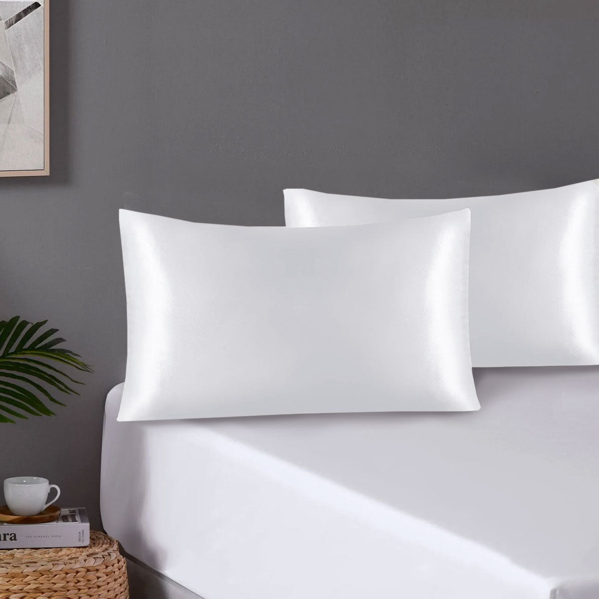 Pair of Standard Satin Silk Pillowcases with Envelope Closure 51 x 76 cm White V442-STT-PILLOWC-PAIRSATIN-WHITE-ST