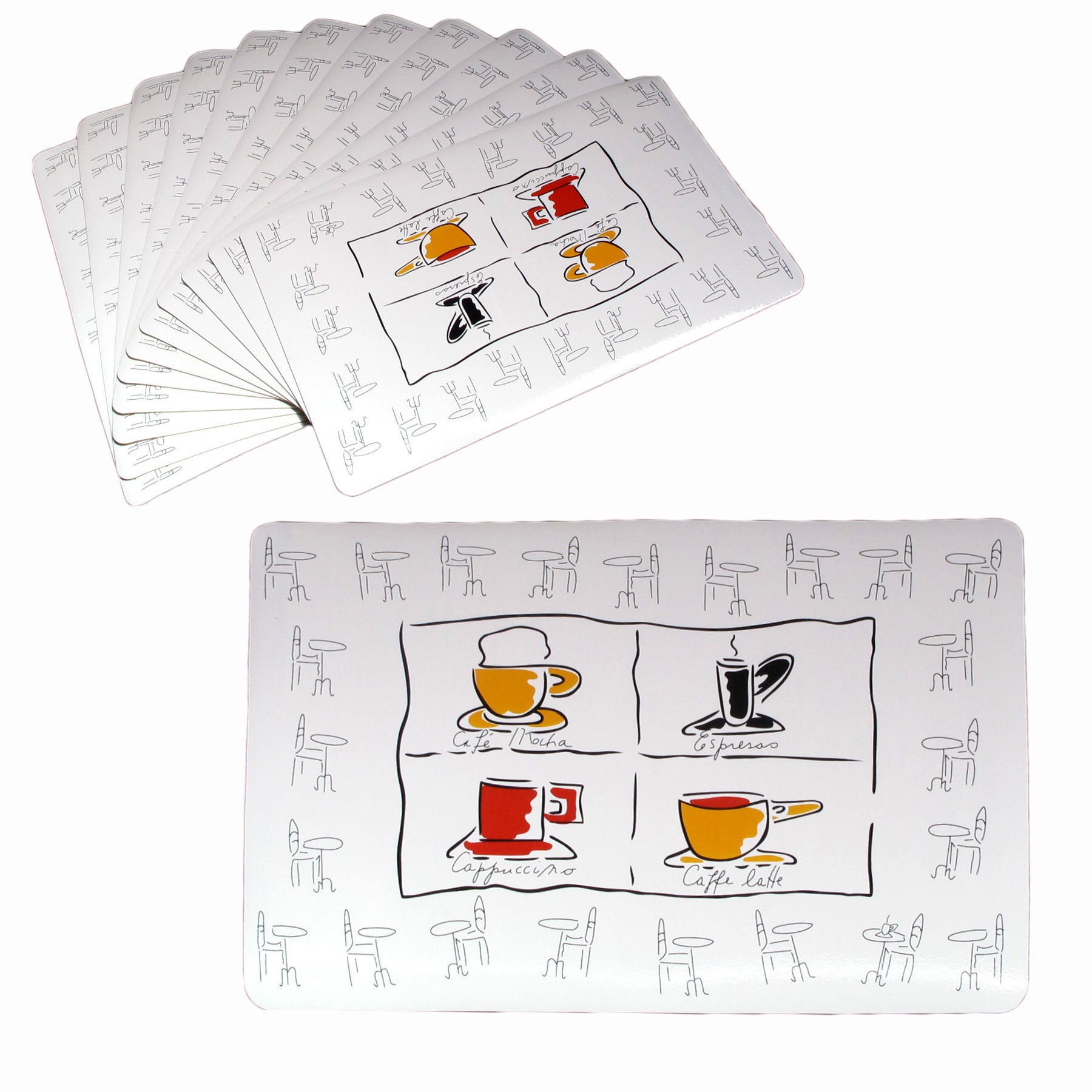 Set of 12 PVC Easy Care Placemats - Coffee House V442-TOC-TABLEPLACEMAT-COFFEEHOUSE-WHITE-RE
