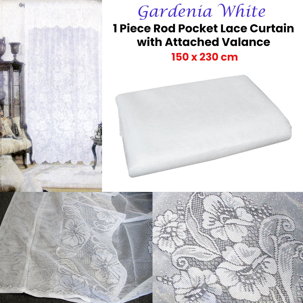 Gardenia White One Piece Rod Pocket Lace Curtain with Attached Valance V442-UGG-CURTAIN-GARDENIALACE-WHITE-RE