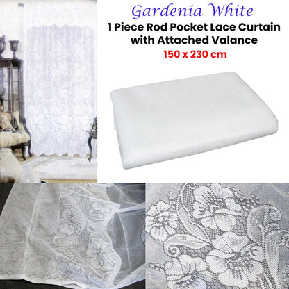 Gardenia White One Piece Rod Pocket Lace Curtain with Attached Valance V442-UGG-CURTAIN-GARDENIALACE-WHITE-RE