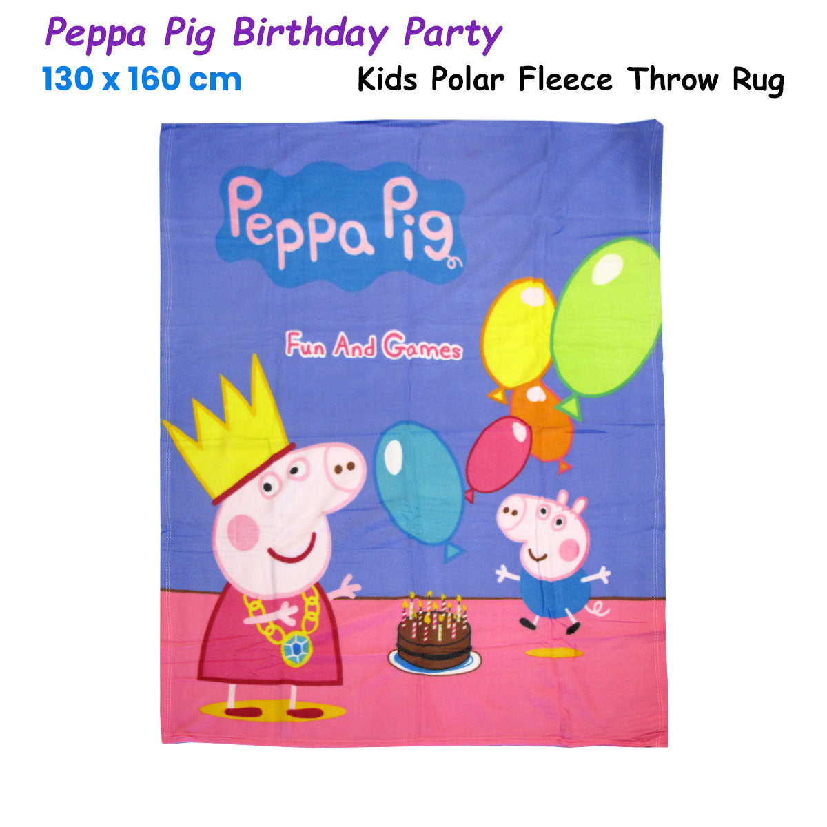 Peppa Pig Birthday Party Printed Polar Fleece Throw Rug 130 x 160 cm V442-UGG-THROW-PEPPAPIGBIRTHDAY-PURPLE-RE
