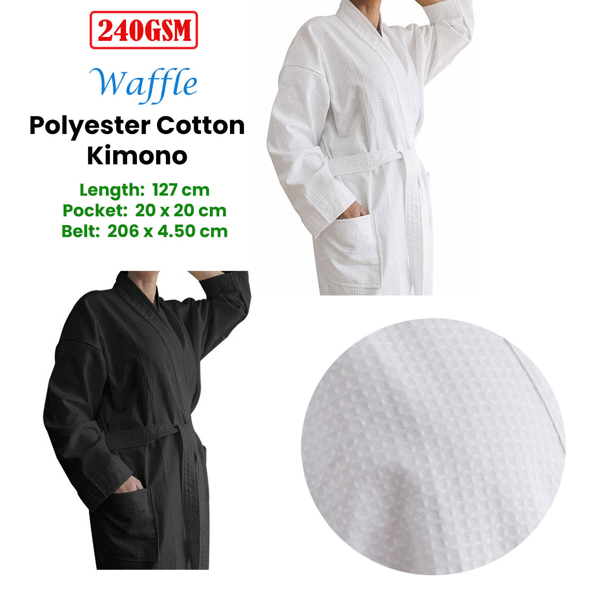 Jason 240GSM Waffle Polyester Cotton Kimono White V442-WAM-BATHROBE-240GSMWAFFLE-WHITE-L