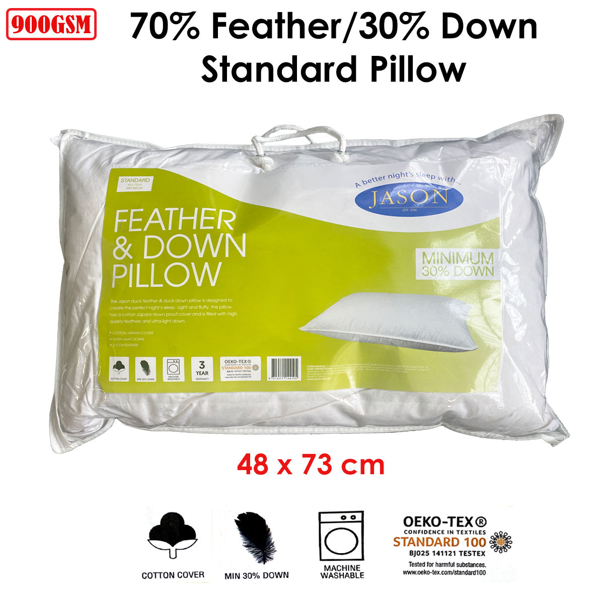 Jason 70% Feather 30% Down Standard Pillow 48 x 73 cm V442-WAM-PILLOW-FEATHERDOWN-WHITE-ST