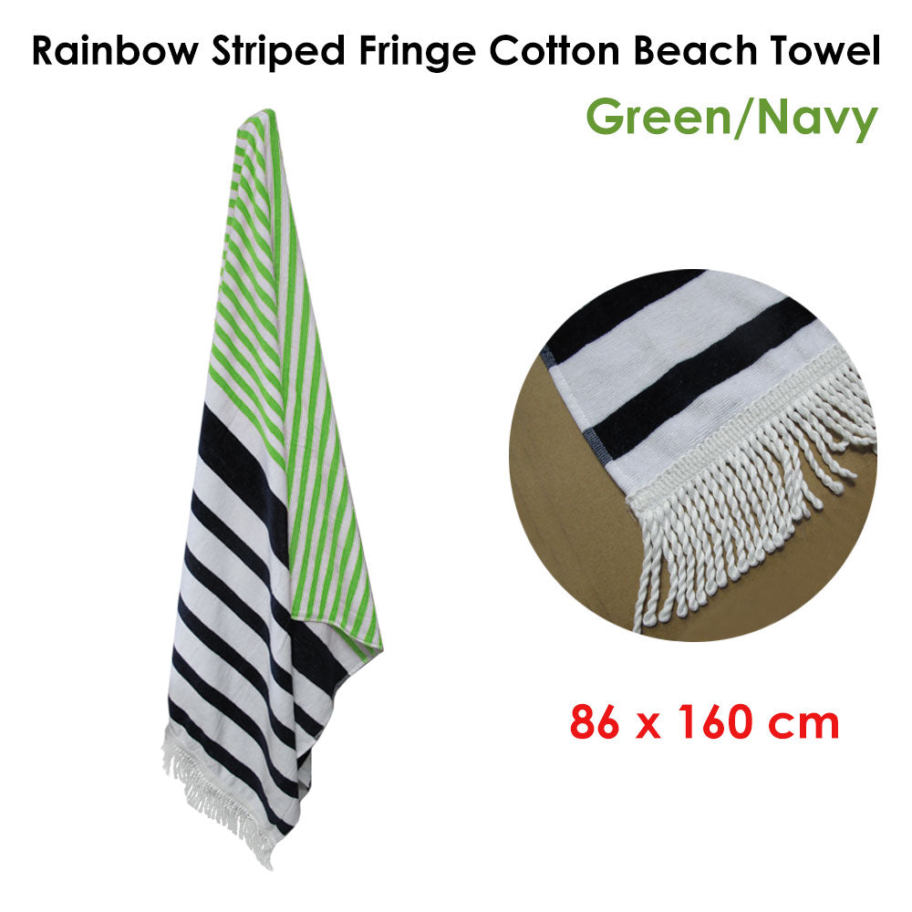 Onkaparinga Rainbow Striped Fringe Cotton Beach Towel Green/Navy V442-WAM-TOWEL-RAINBOWSTRIPED-GREEN-RE