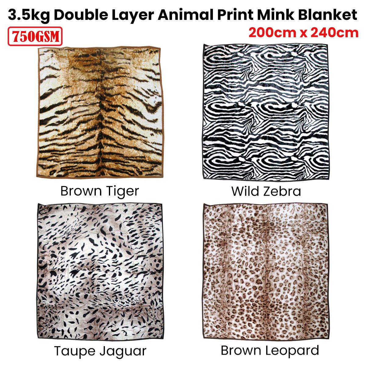 750gsm 3.5kg Double Layer Animal Print Faux Mink Blanket Queen 200x240 cm Wild Zebra V442-YTL-BLANKET-750GSMZEBRA-WHITE-QS