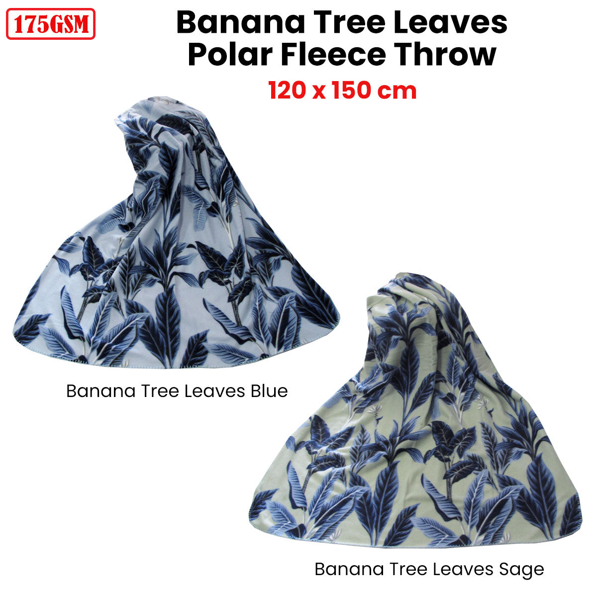 175GSM Banana Tree Leaves Printed Polar Fleece Throw Rug 120 x 150cm Blue V442-YTL-THROW-BANANATREELEAVES-BLUE-RE