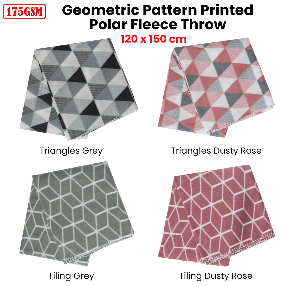 Triangles 175GSM Geometric Pattern Printed Polar Fleece Throw Rug 120 x 150cm Grey V442-YTL-THROW-TRIANGLESPOLAR-GREY-RE