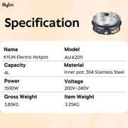 Kylin Electric 1500W Hotpot with Stainless Steel Inner Pot 4L AU-K2011 V445-C130372