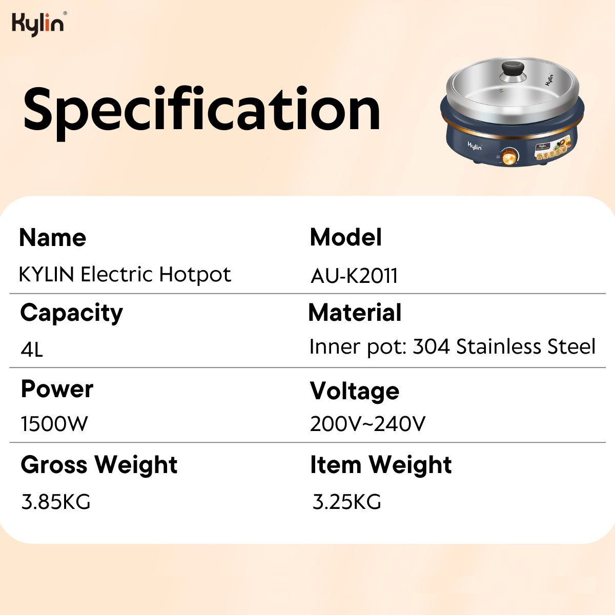 Kylin Electric 1500W Hotpot with Stainless Steel Inner Pot 4L AU-K2011 V445-C130372
