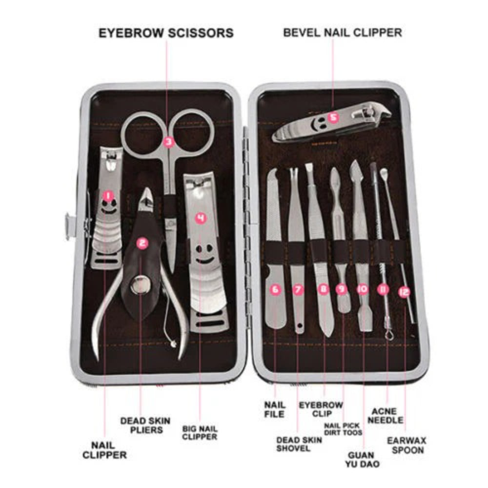 12 Pcs/set Manicure Pedicure Kit Nail Clippers Professional Grooming Kit V462-F-09-01