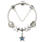 Women Silver Plated Bracelet Snake Chain with Classic Bead Barrel Clasp and Blue Star Pendant(20cm) V462-F-11-03