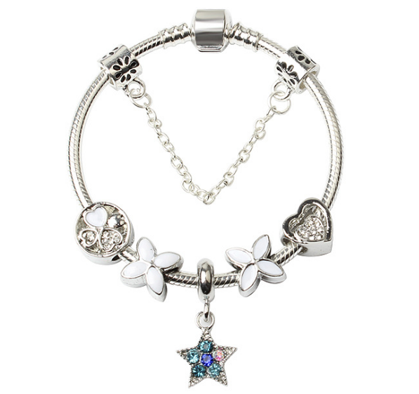 Women Silver Plated Bracelet Snake Chain with Classic Bead Barrel Clasp and Blue Star Pendant(20cm) V462-F-11-03