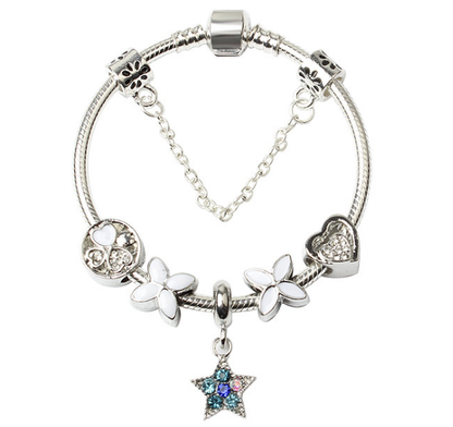 Women Silver Plated Bracelet Snake Chain with Classic Bead Barrel Clasp and Blue Star Pendant(20cm) V462-F-11-03