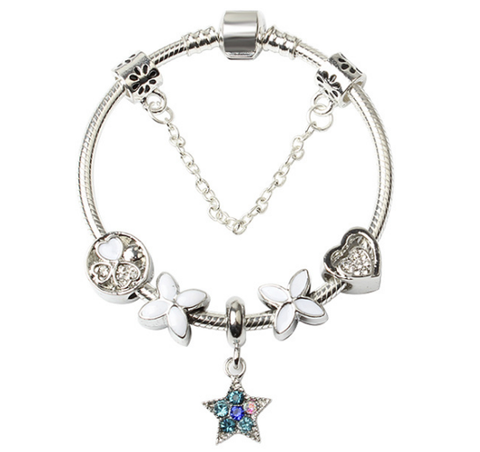 Women Silver Plated Bracelet Snake Chain with Classic Bead Barrel Clasp and Blue Star Pendant(20cm) V462-F-11-03