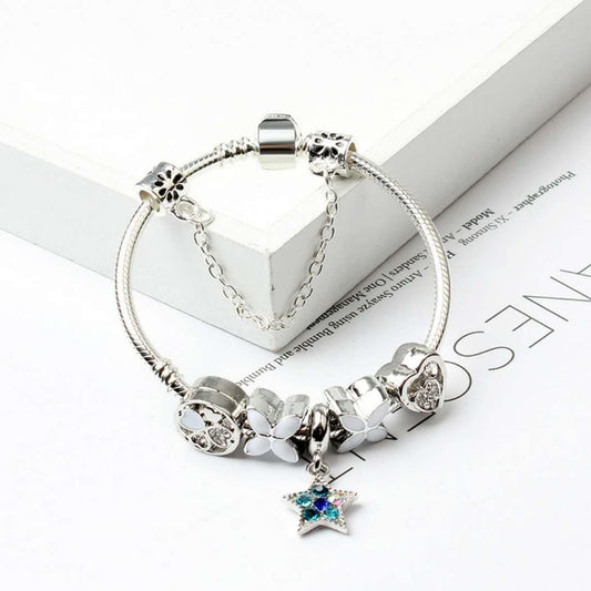 Women Silver Plated Bracelet Snake Chain with Classic Bead Barrel Clasp and Blue Star Pendant(20cm) V462-F-11-03