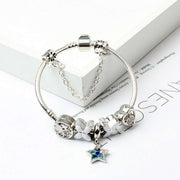 Women Silver Plated Bracelet Snake Chain with Classic Bead Barrel Clasp and Blue Star Pendant(20cm) V462-F-11-03