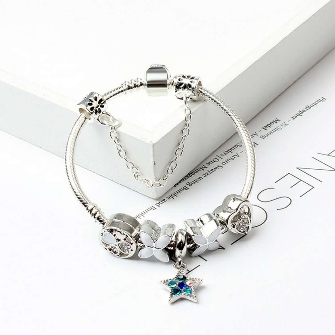 Women Silver Plated Bracelet Snake Chain with Classic Bead Barrel Clasp and Blue Star Pendant(20cm) V462-F-11-03