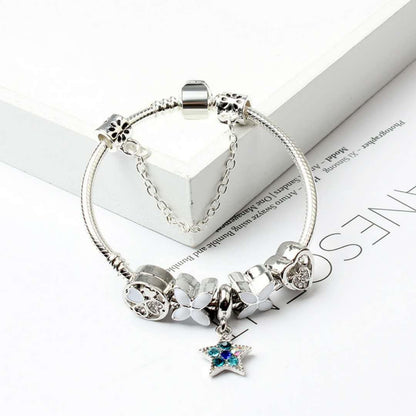 Women Silver Plated Bracelet Snake Chain with Classic Bead Barrel Clasp and Blue Star Pendant(20cm) V462-F-11-03