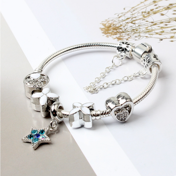 Women Silver Plated Bracelet Snake Chain with Classic Bead Barrel Clasp and Blue Star Pendant(20cm) V462-F-11-03