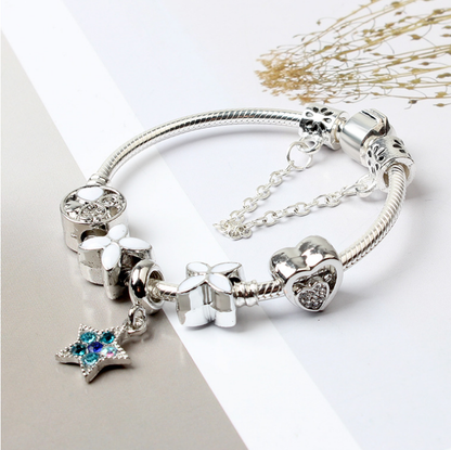 Women Silver Plated Bracelet Snake Chain with Classic Bead Barrel Clasp and Blue Star Pendant(20cm) V462-F-11-03