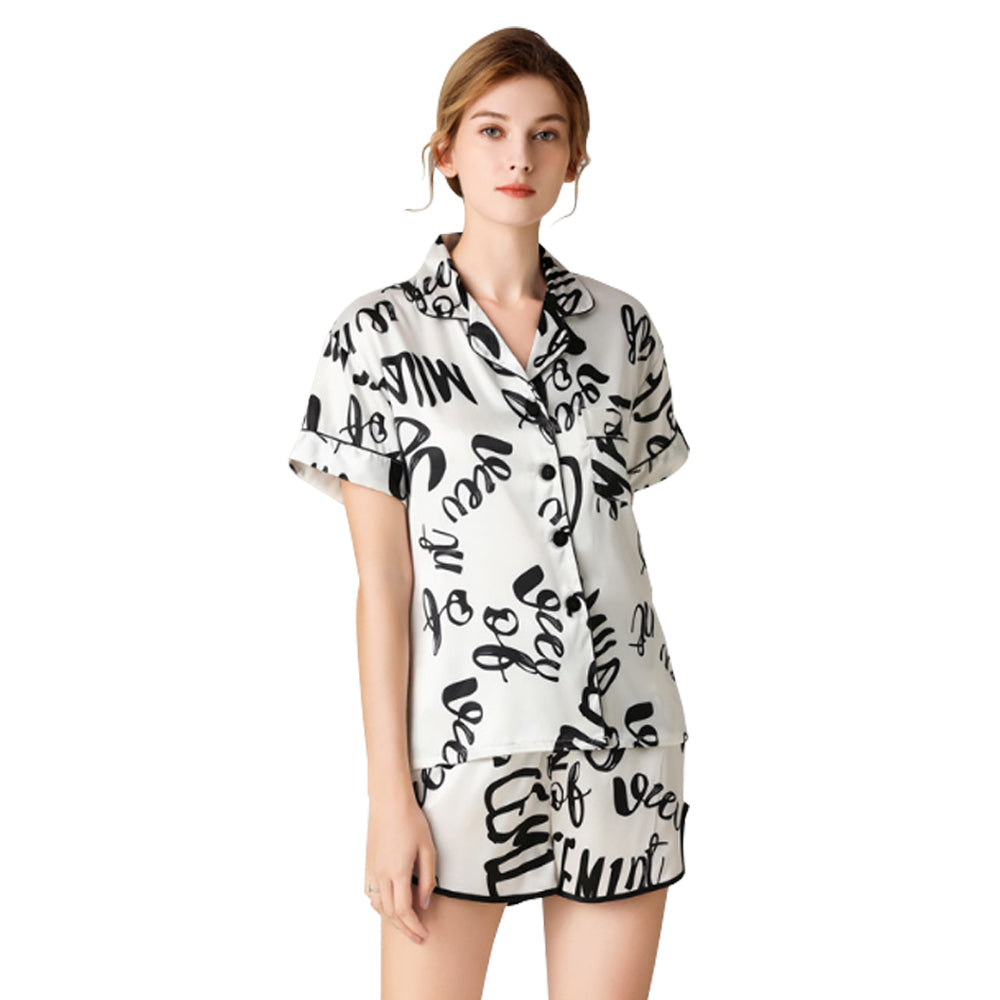 Woman Sleepwear Home Wear Short Sleeve Sweet Girl White Text Casual Pajamas (M Size) V462-F-47-01