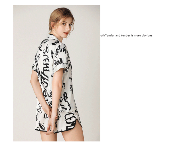 Woman Sleepwear Home Wear Short Sleeve Sweet Girl White Text Casual Pajamas (M Size) V462-F-47-01