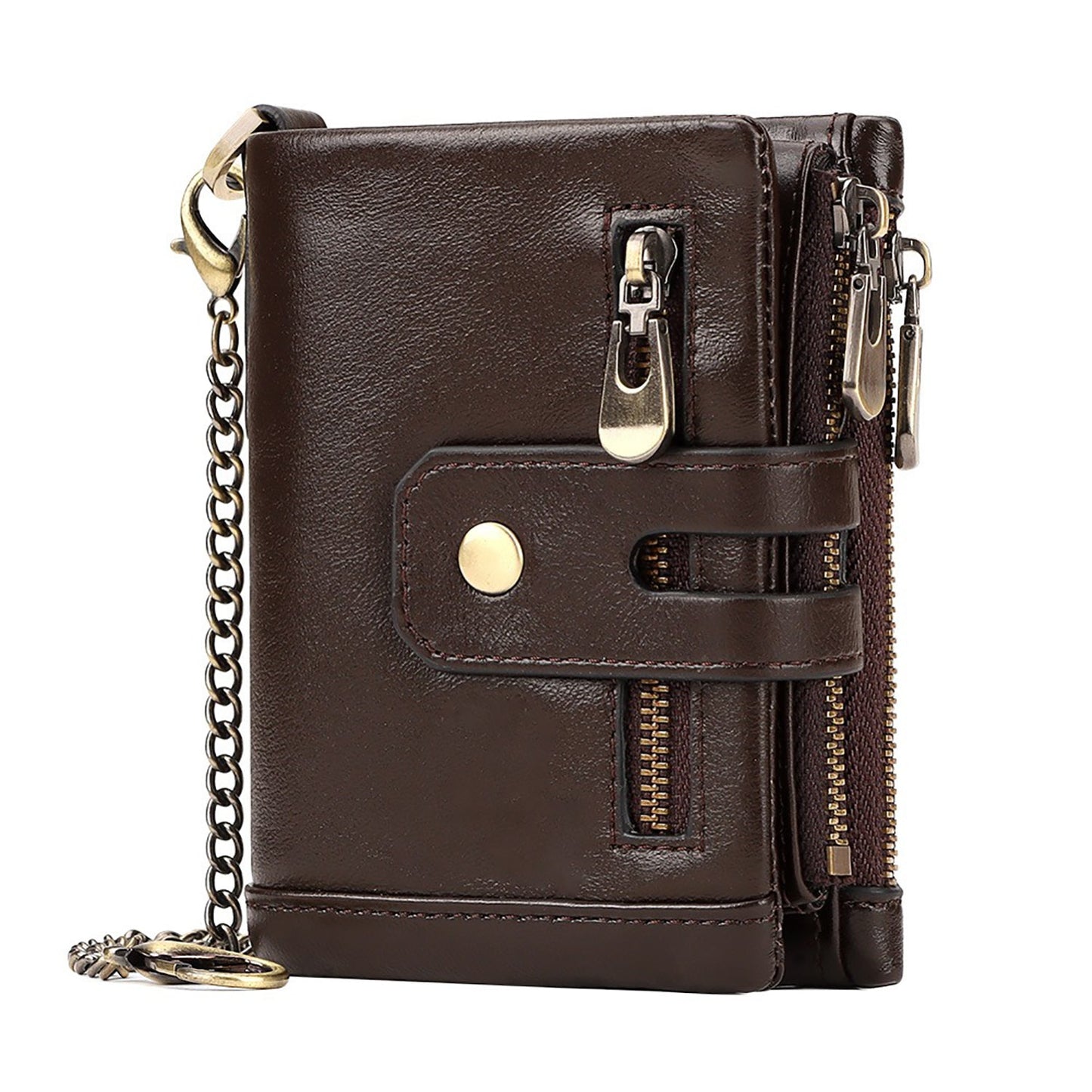 Men's Genuine Leather Wallet RFID Blocking Retro Bifold Zipper Card Holder with Key Chain V462-FB-100-01