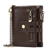 Men's Genuine Leather Wallet RFID Blocking Retro Bifold Zipper Card Holder with Key Chain V462-FB-100-01
