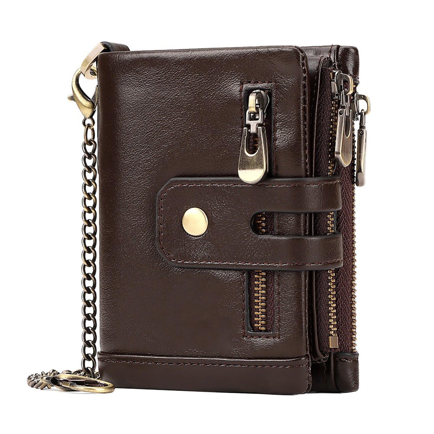 Men's Genuine Leather Wallet RFID Blocking Retro Bifold Zipper Card Holder with Key Chain V462-FB-100-01