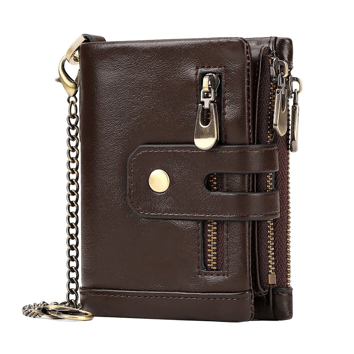 Men's Genuine Leather Wallet RFID Blocking Retro Bifold Zipper Card Holder with Key Chain V462-FB-100-01