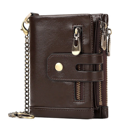 Men's Genuine Leather Wallet RFID Blocking Retro Bifold Zipper Card Holder with Key Chain V462-FB-100-01