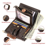 Men's Genuine Leather Wallet RFID Blocking Retro Bifold Zipper Card Holder with Key Chain V462-FB-100-01
