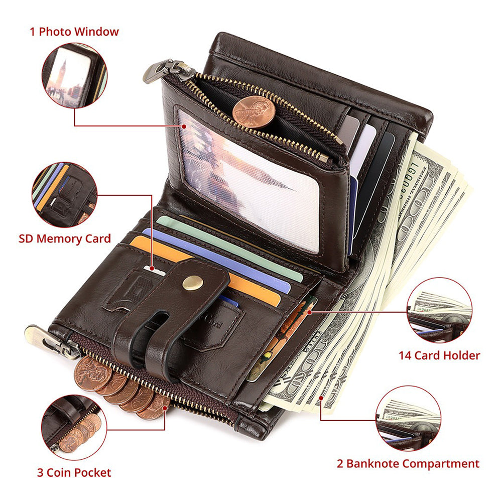 Men's Genuine Leather Wallet RFID Blocking Retro Bifold Zipper Card Holder with Key Chain V462-FB-100-01