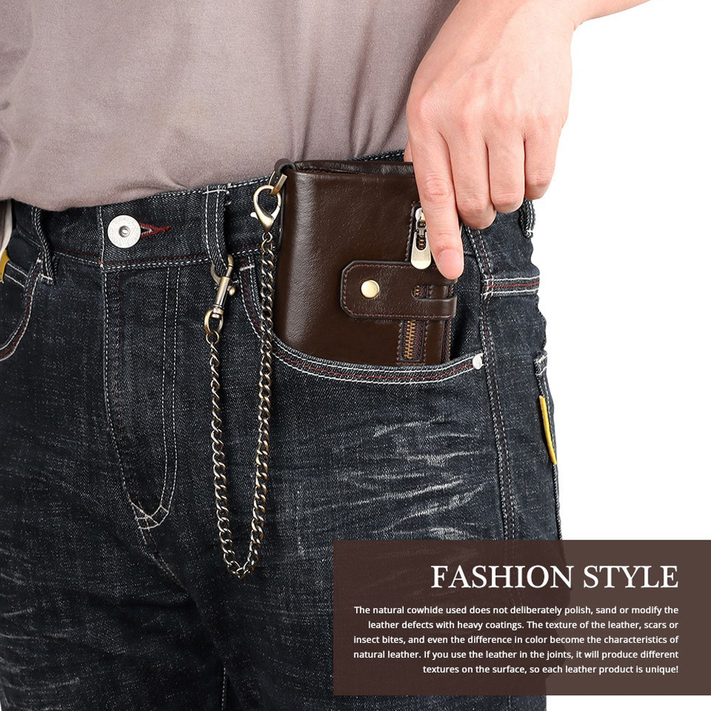 Men's Genuine Leather Wallet RFID Blocking Retro Bifold Zipper Card Holder with Key Chain V462-FB-100-01