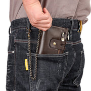 Men's Genuine Leather Wallet RFID Blocking Retro Bifold Zipper Card Holder with Key Chain V462-FB-100-01