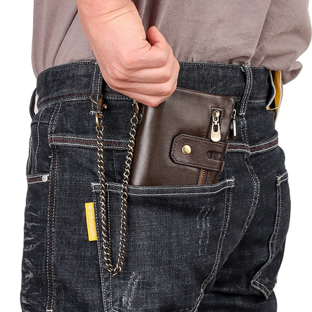 Men's Genuine Leather Wallet RFID Blocking Retro Bifold Zipper Card Holder with Key Chain V462-FB-100-01