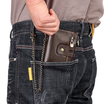 Men's Genuine Leather Wallet RFID Blocking Retro Bifold Zipper Card Holder with Key Chain V462-FB-100-01