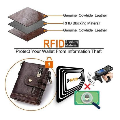 Men's Genuine Leather Wallet RFID Blocking Retro Bifold Zipper Card Holder with Key Chain V462-FB-100-01