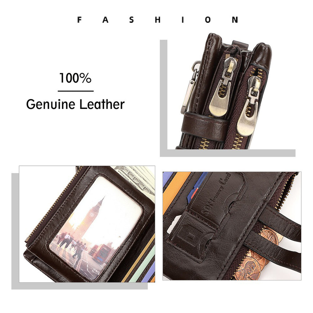 Men's Genuine Leather Wallet RFID Blocking Retro Bifold Zipper Card Holder with Key Chain V462-FB-100-01