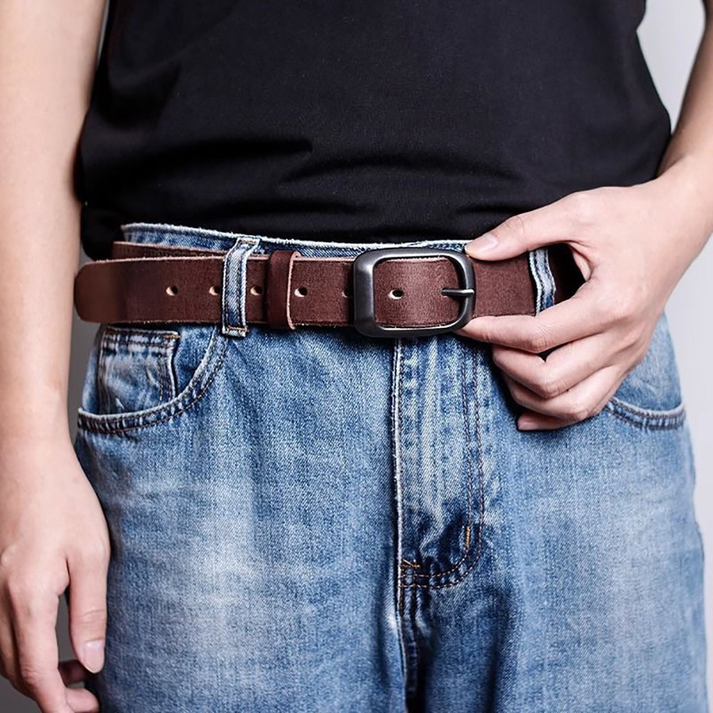 Men's Genuine Leather Belt Vintage Cowhide Pin Buckle 125cm Adjustable Length V462-FB-101-01