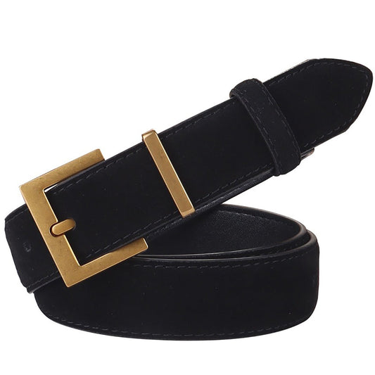 Women's Genuine Suede Leather Belt Classic Pin Buckle Cowhide Belts (Black) V462-FB-103-01