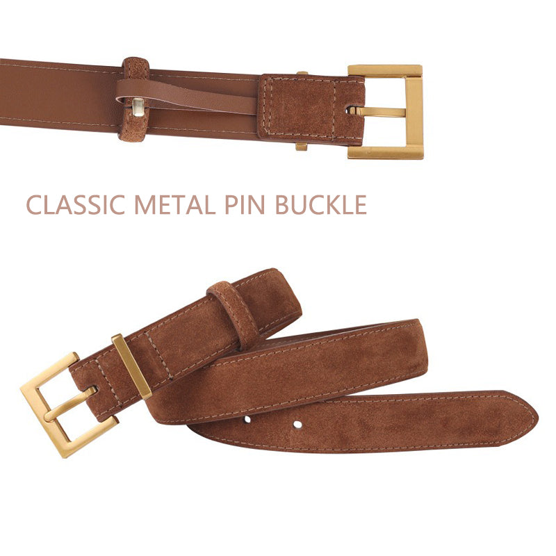 Women's Genuine Suede Leather Belt Classic Pin Buckle Cowhide Belts (Black) V462-FB-103-01