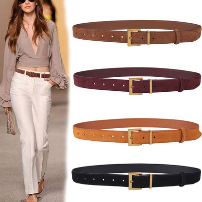 Women's Genuine Suede Leather Belt Classic Pin Buckle Cowhide Belts (Brown) V462-FB-103-02