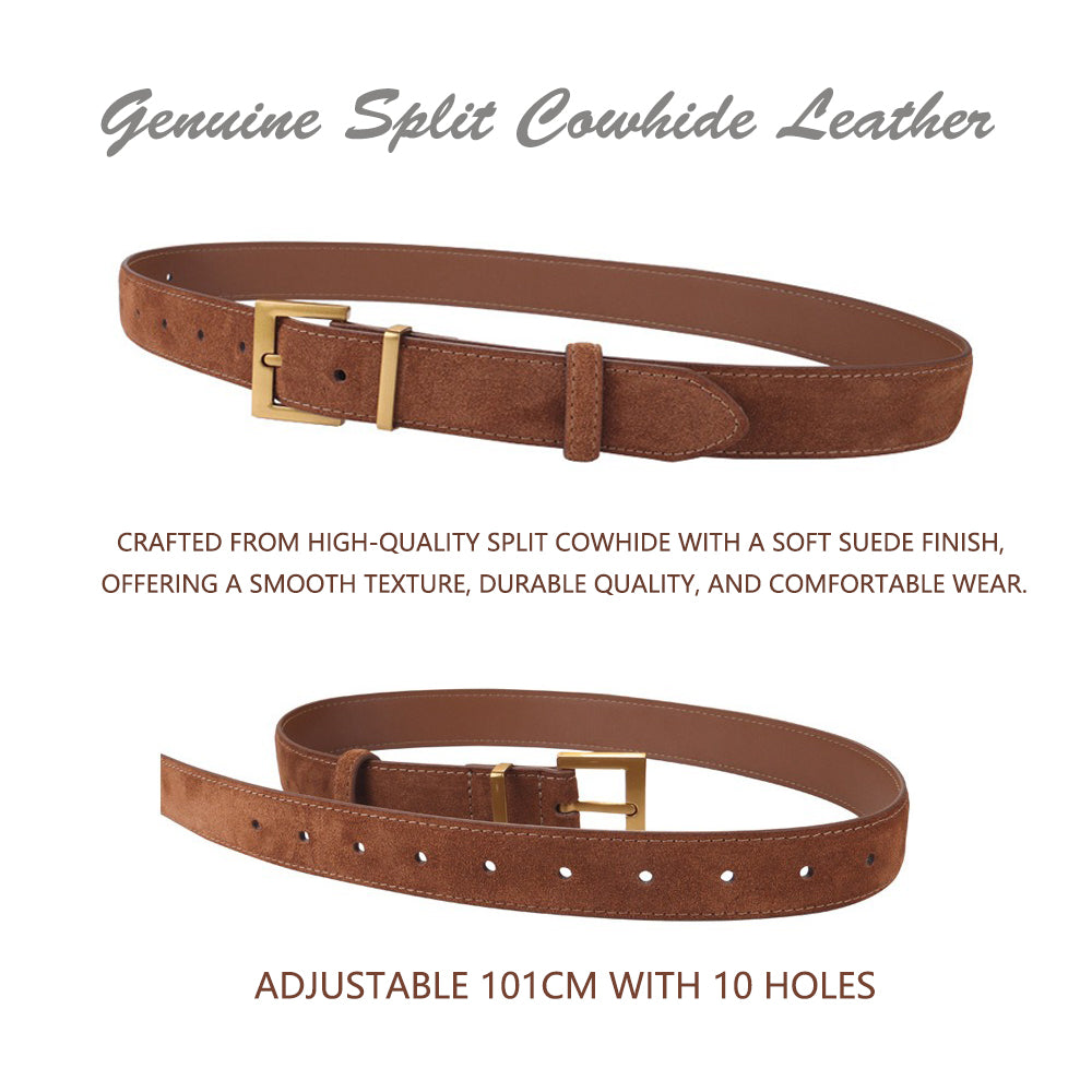 Women's Genuine Suede Leather Belt Classic Pin Buckle Cowhide Belts (Brown) V462-FB-103-02