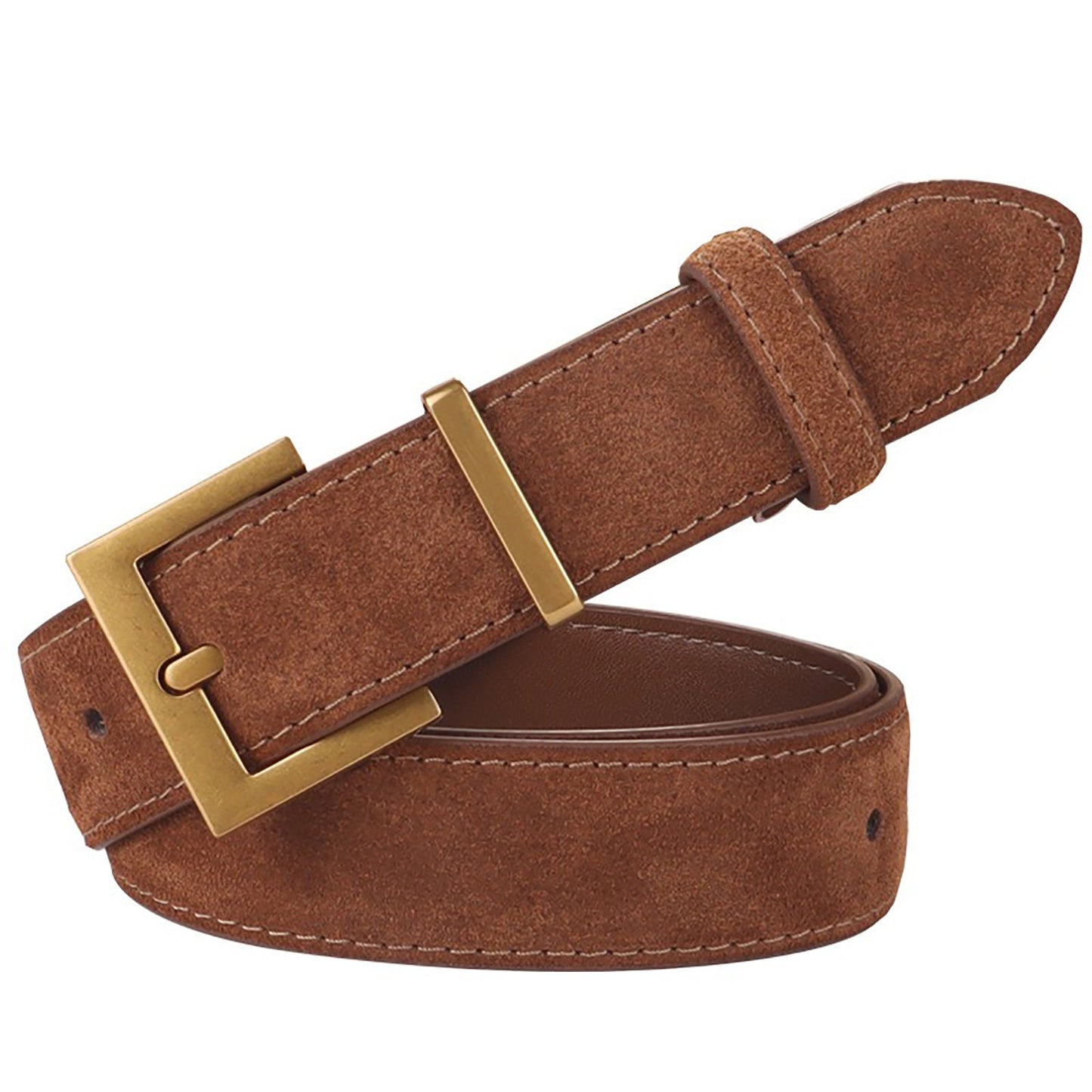 Women's Genuine Suede Leather Belt Classic Pin Buckle Cowhide Belts (Caramel) V462-FB-103-04